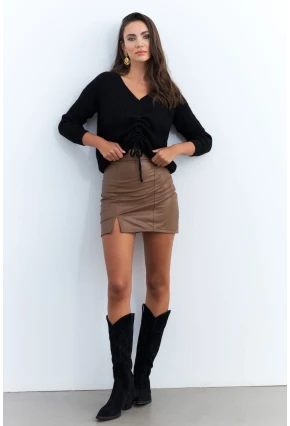 Kadın Kahverengi Suni Deri Mini Etek ELT3634