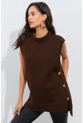 Kadın Kahverengi Yanları Düğmeli Kolsuz Triko Tunik YV75