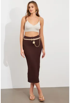 Kadın Kahverengi Yırtmaçlı Bürümcük Midi Etek ZH329