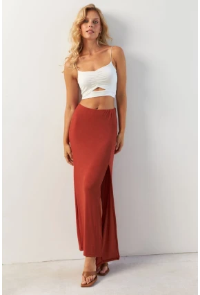 Kadın Kiremit Yırtmaçlı Maxi Etek AYD370