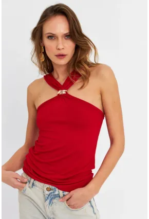 Kadın Kırmızı Aksesuarlı Çapraz Yaka Bluz EY3068
