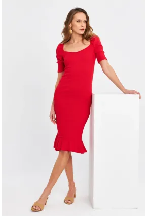 Kadın Kırmızı Balon Kol Eteği Volanlı Mevsimlik Midi Elbise Yİ2244