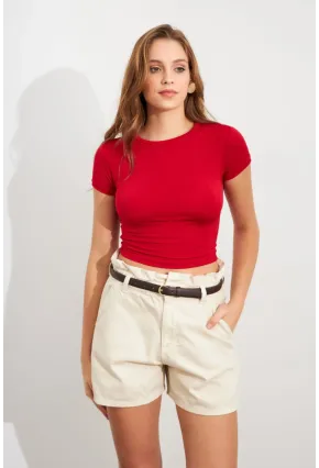 Kadın Kırmızı Basic Kısa Kollu Bluz UG2444