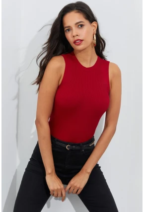 Kadın Kırmızı Bisiklet Yaka Triko Bluz YV91