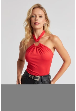 Kadın Kırmızı Boyun Bağlamalı Halkalı Crop Bluz EY2674