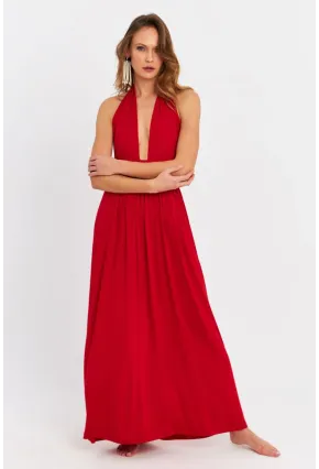 Kadın Kırmızı Boyun Bağlamalı Maxi Elbise EY3075