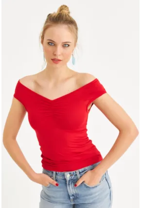 Kadın Kırmızı Büzgülü Bluz EY3083