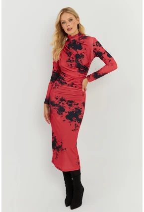 Kadın Kırmızı Büzgülü Desenli Midi Elbise MON118