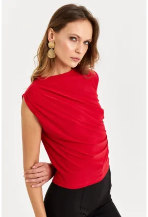Kadın Kırmızı Büzgülü Kolsuz Bluz LPP1205-90