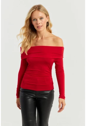Kadın Kırmızı Büzgülü Madonna Bluz MON1119