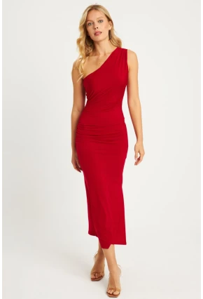 Kadın Kırmızı Büzgülü Yırtmaçlı Midi Elbise MON134