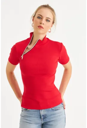 Kadın Kırmızı Çapraz Fermuarlı Kaşkorse Bluz EY3000