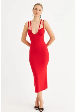 Kadın Kırmızı Çift Askılı V Yaka Midi Elbise EY3087