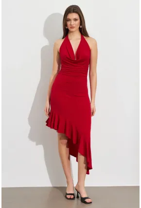 Kadın Kırmızı Degaje Asimetrik Midi Elbise İRE1436