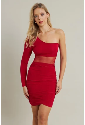 Kadın Kırmızı Drapeli Tül Detaylı Mini Elbise ELT3850