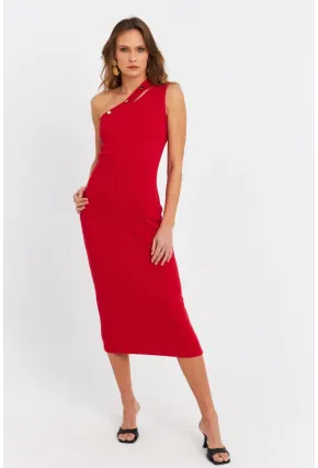 Kadın Kırmızı Düğme Aksesuarlı Kaşkorse Midi Elbise EY3081