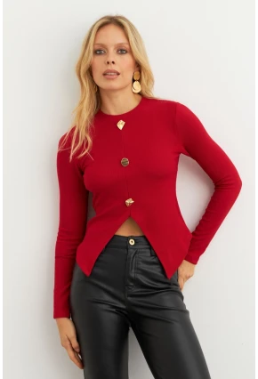 Kadın Kırmızı Düğme Detaylı Bluz RLO83