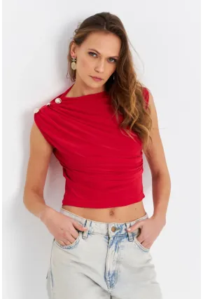 Kadın Kırmızı Düğme Detaylı Büzgülü Bluz LPP1205-1