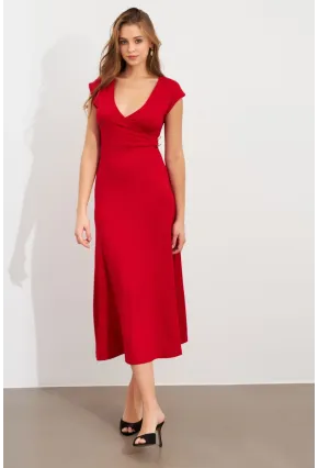 Kadın Kırmızı Düğme Detaylı Kruvaze Midi Elbise EY0011