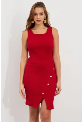 Kadın Kırmızı Düğme Detaylı Midi Elbise URO1111
