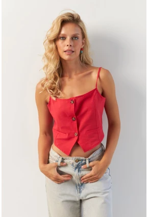 Kadın Kırmızı Düğmeli İp Askılı Yelek MP20153