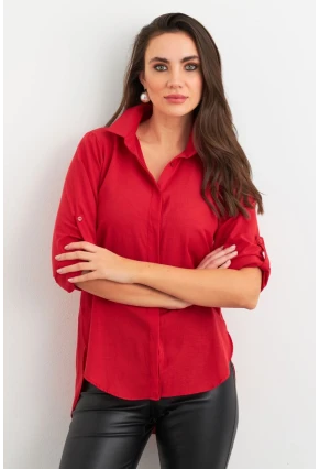 Kadın Kırmızı Gizli Düğmeli Uzun Gömlek SF2001