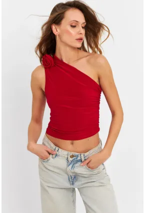 Kadın Kırmızı Gül Aksesuar Detaylı Crop Bluz ELT3925