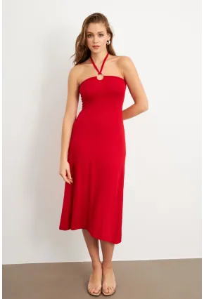 Kadın Kırmızı Halka Detaylı Midi Elbise EY3089