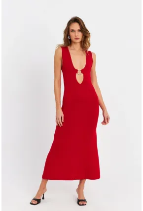 Kadın Kırmızı Halka Detaylı Pencereli Midi Elbise EY3078