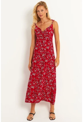 Kadın Kırmızı İp Askılı Çiçekli Midi Elbise GÇ172