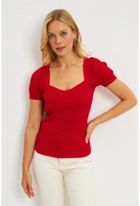 Kadın Kırmızı Kalp Taka Triko Bluz SMT228