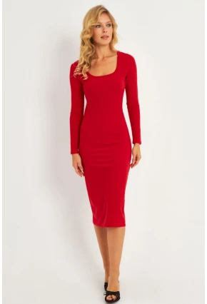 Kadın Kırmızı Kare Yaka Midi Elbise CG382