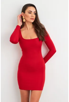 Kadın Kırmızı Kare Yaka Mini Elbise XC8100