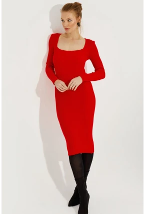 Kadın Kırmızı Kare Yaka Triko Midi Elbise SF2520