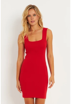 Kadın Kırmızı Kare Yaka Triko Mini Elbise YV225