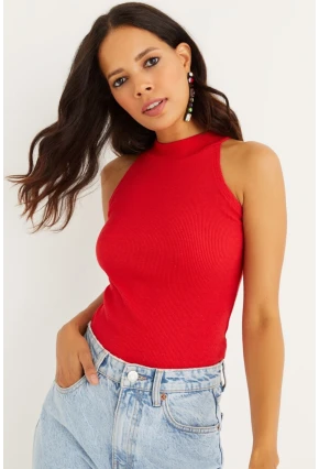 Kadın Kırmızı Kaşkorse Kolsuz Bluz Yİ1566