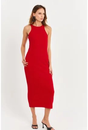 Kadın Kırmızı Kolsuz Kaşkorse Midi Elbise EY3049
