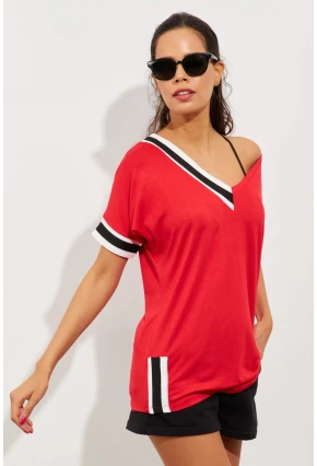 Kadın Kırmızı Kontrast T-Shirt ST396