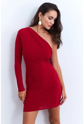 Kadın Kırmızı Kruvaze Tek Kol Mini Yılbaşı Elbise ELT4035
