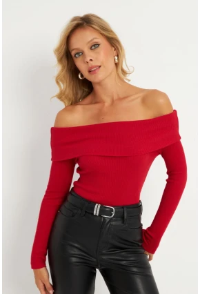 Kadın Kırmızı Madonna Yaka Kaşkorse Bluz XL2210