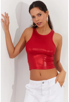 Kadın Kırmızı Metalik Crop Bluz LPP1218