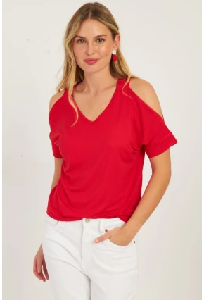 Kadın Kırmızı Omuzları Açık Bluz BR1329