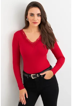 Kadın Kırmızı Ön Arka V Dantelli Bluz AYD406