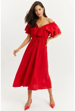 Kadın Kırmızı Ön Arka V Volanlı Elbise KS113