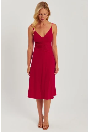 Kadın Kırmızı Önü Büzgülü Midi Elbise HO046