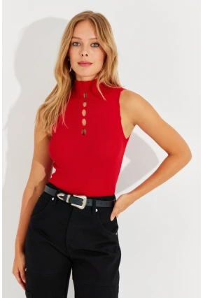 Kadın Kırmızı Önü Damla Kolsuz Triko Bluz YV112