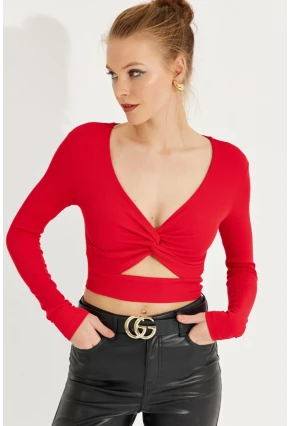 Kadın Kırmızı Önü Düğümlü Crop Bluz AYD244