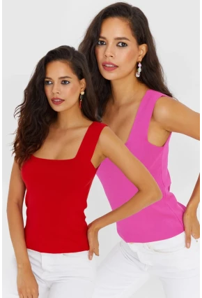 Kadın Kırmızı-Pembe Kare Yaka İkili Triko Bluz YV130