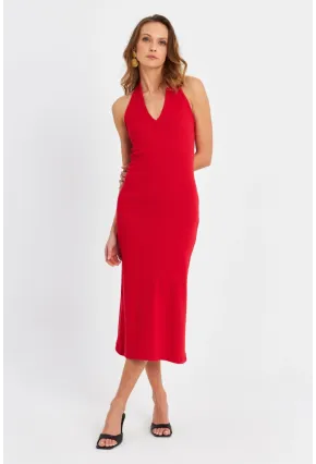 Kadın Kırmızı Pencereli Kaşkorse Midi Elbise EY3063