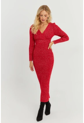 Kadın Kırmızı Simli Kruvaze Triko Maxi Elbise KED3578